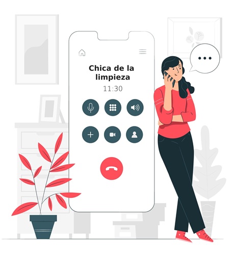Profesional de limpieza del hogar en Madrid hablando por teléfono para concertar un servicio